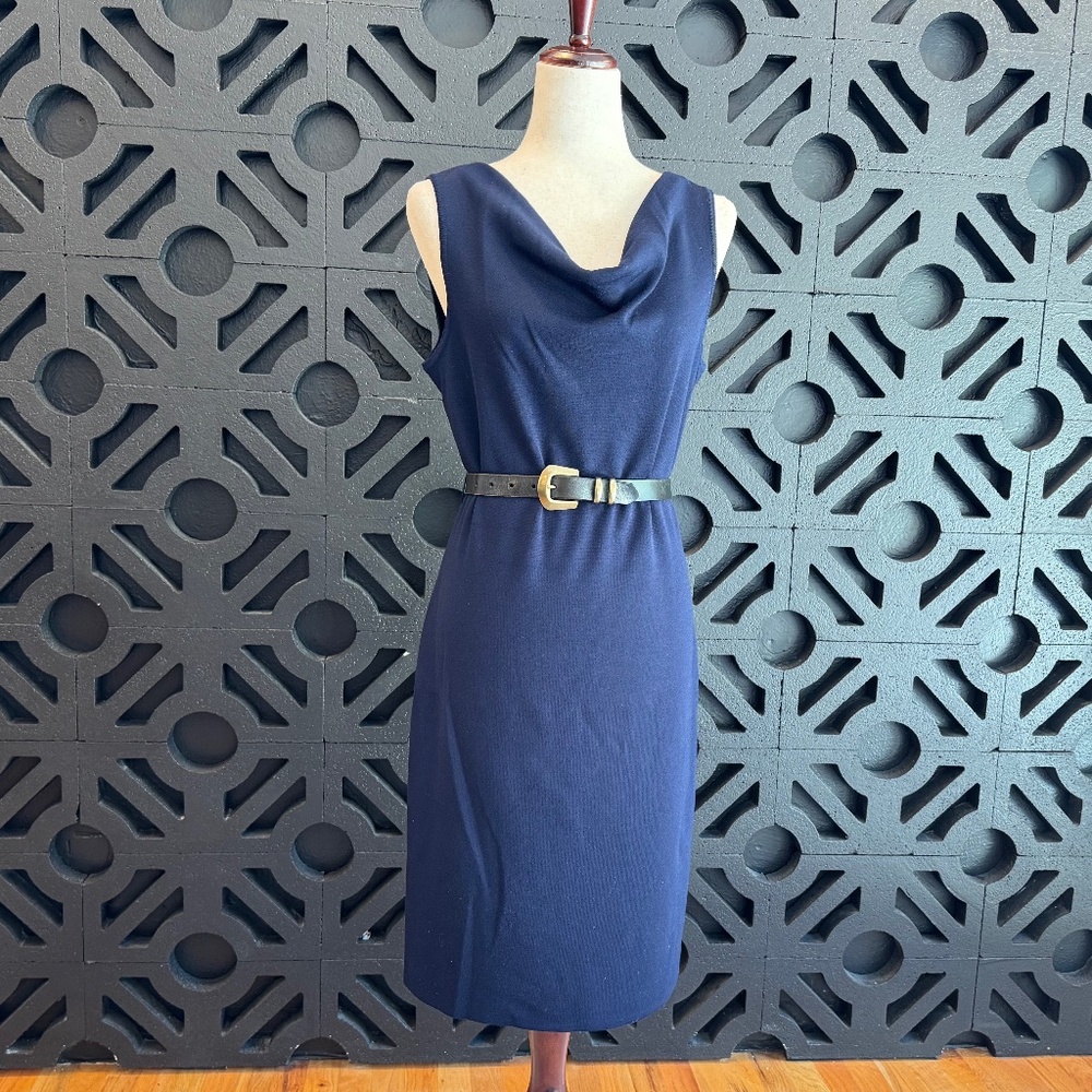 St John Milano Knit Dress Navy Cowl Neck Midi Luxury Minimalist